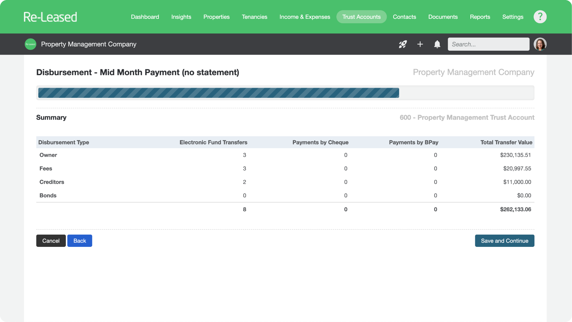 Disbursement summary example